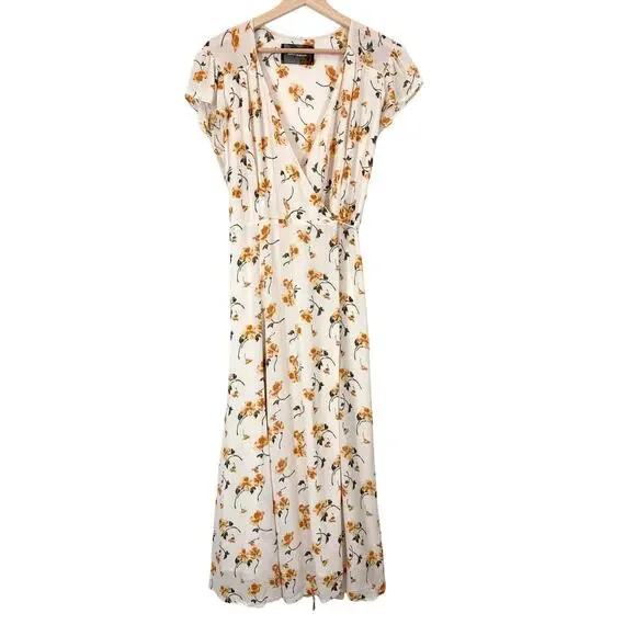 Reformation Carina Wrap Midi Dress in Limonada Ivory Butter Yellow Floral  SZ M - threedaughtersproperties.com